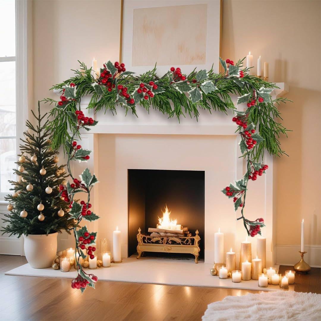 vannyster 6.6FT Pre-lit Red Berry Christmas Garland, Flexible Artificial Berry Garland for Indoor Outdoor Home Fireplace Decoration for Winter Christmas Holiday New Year Decor