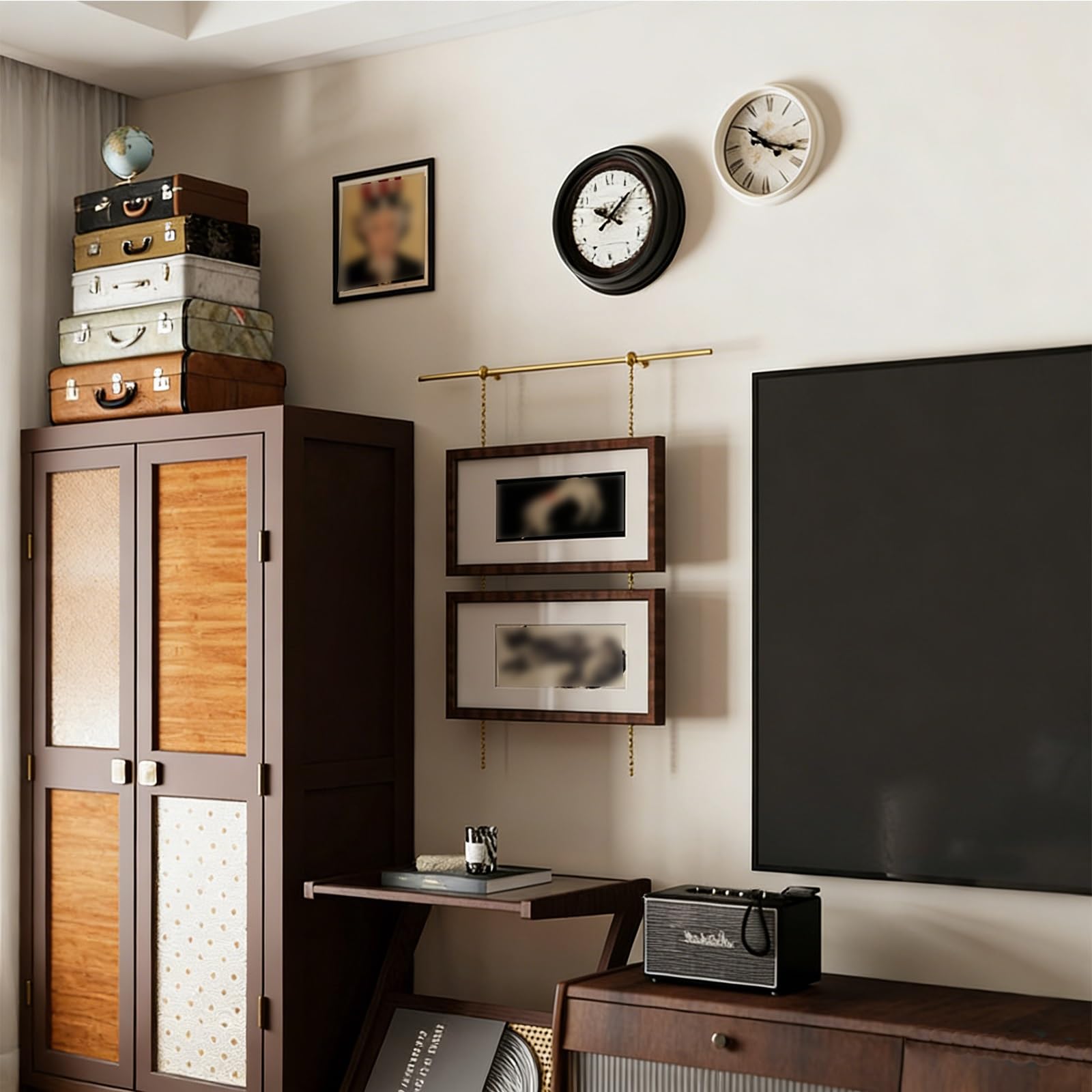Goldene Galerieschiene im Vintage Stil, Robustes Metall Wandaufhängungsset mit Verstellbaren Haken und Ketten for Kunstgalerien, Heimdekoration und Fotopräsentation(90cm/35in)