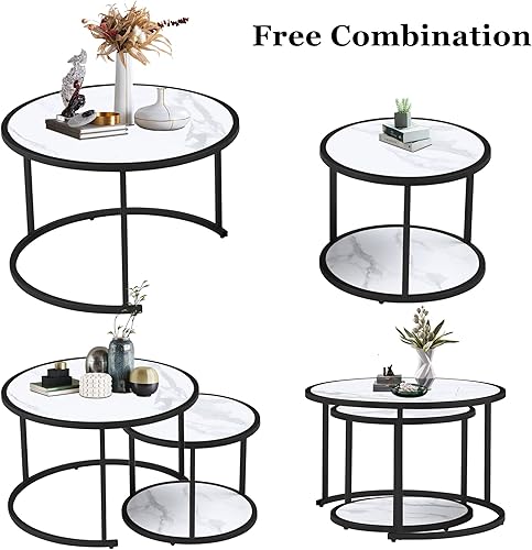 Miniatura 25 de Juego de 2 mesas auxiliares apilables rústicas, modernas mesas auxiliares redondas de madera con patrón de mármol para sala de estar, dormitorio,