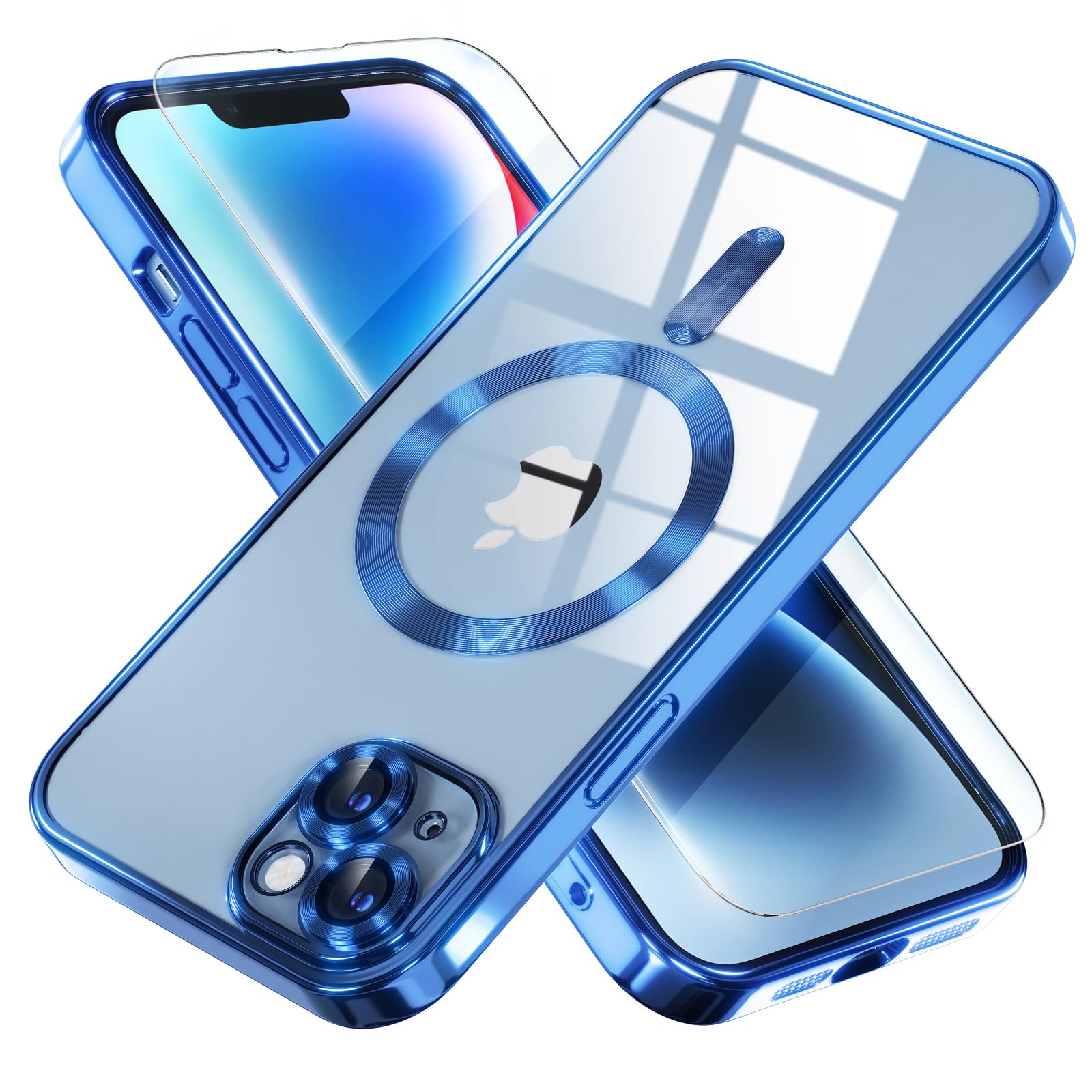 Misea Magnetic for iPhone 14 Plus Case Compatible with MagSafe [Never Yellowing] [Military Grade Drop Protection] Full Camera Lens Protector Plating Soft Clear Phone Case for Women Girls, Blue