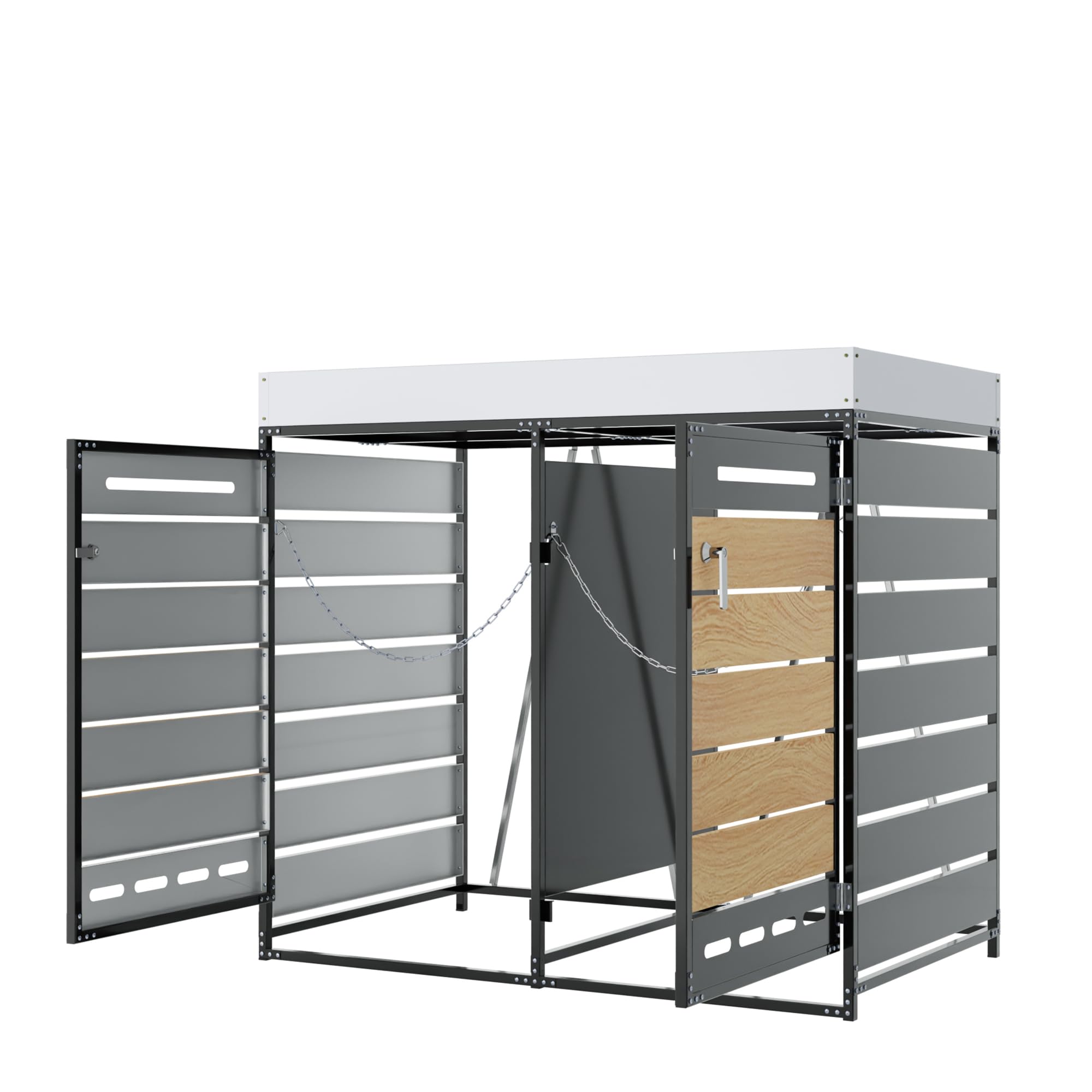 Mülltonnenbox 2er Mülltonnenverkleidung mit Pflanzkasten und Lüftungsöffnung für 2X Tonnen 120 und 240 L, Mülltonnenboxen mit Holzoptik-Leisten, Gartenmöbel Müllcontainer mit Schloss, Schwarz