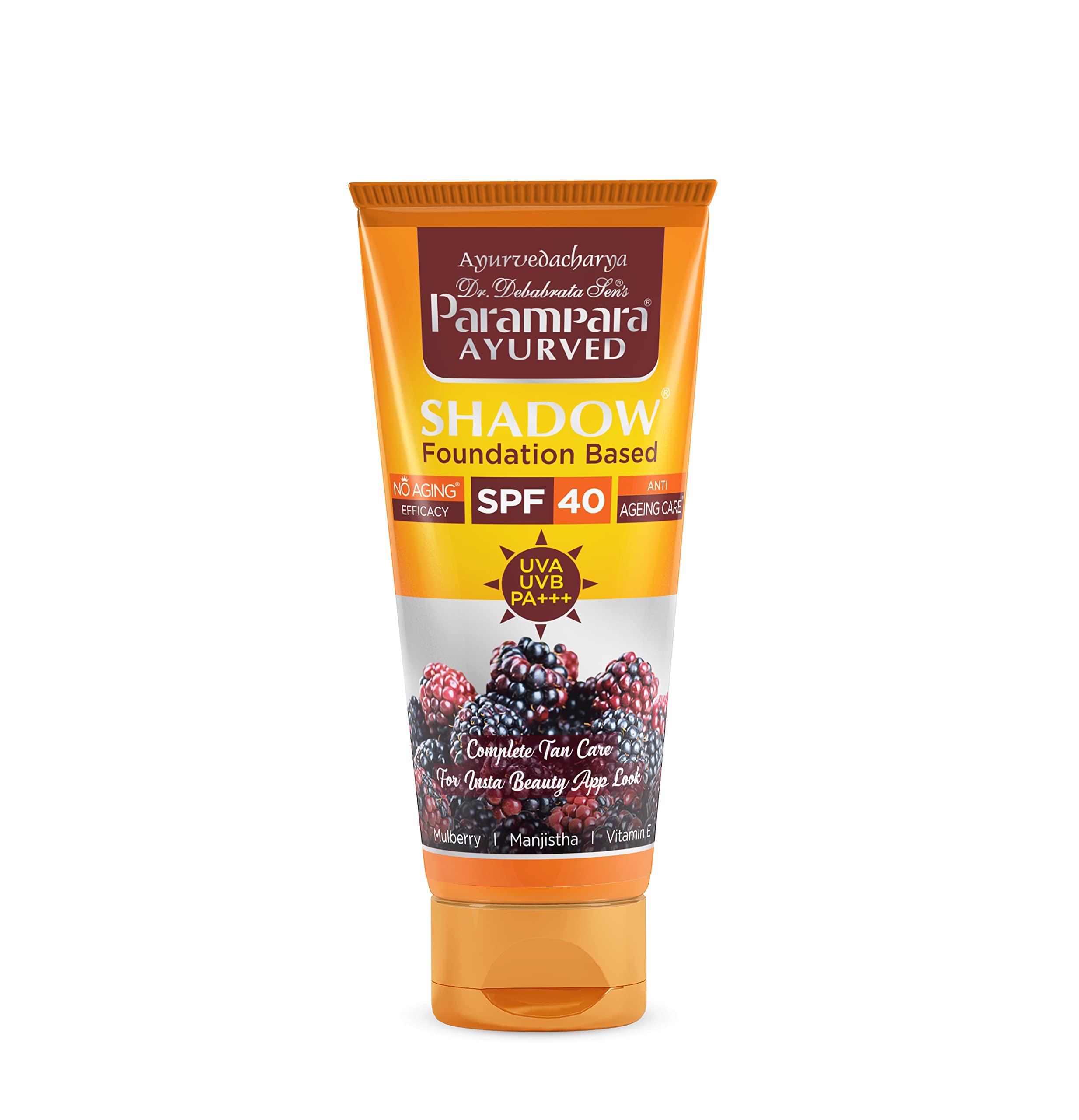 Parampara Ayurved Shadow Foundation Based SPF 40 PA+++ Sunscreen Cream | UVA UVB Protection for Face & Body | Water Resistant, Fast Absorbing, Non Greasy, Men & Women | 60ml