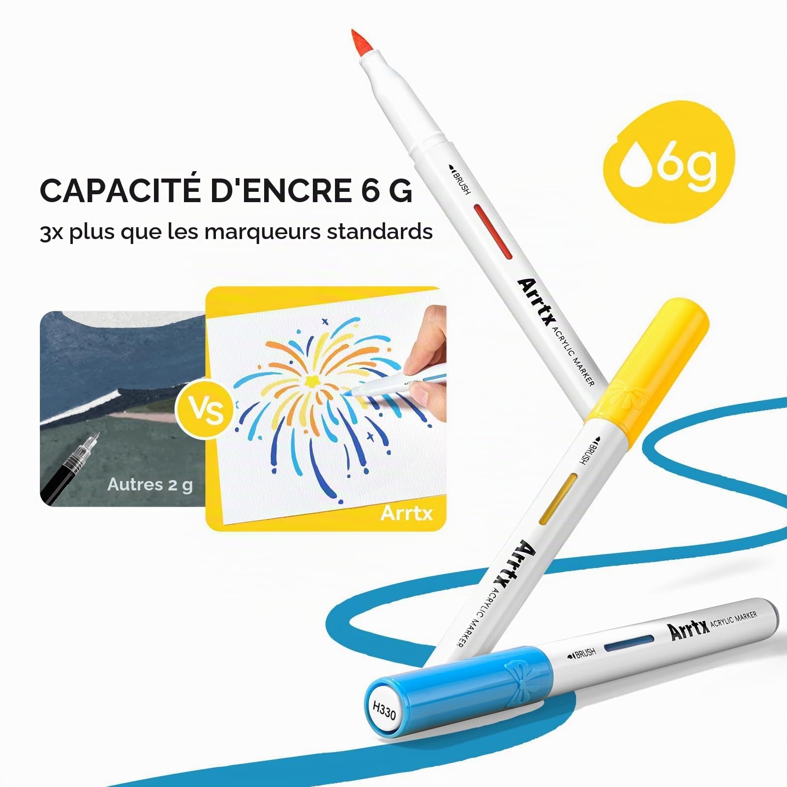Arrtx Marqueurs acryliques à grande capacité, 30 couleurs, stylos de couleur à pointe de pinceau avec encre liquide directe, accessoires d'art à séchage rapide pour la peinture sur pierre, la