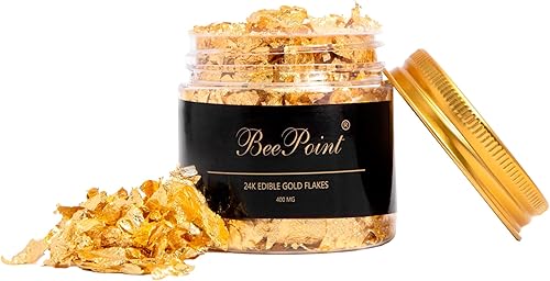 BeePoint Copos de lámina de oro comestible de 24 quilates, 400 mg de copos de oro a granel para decoración de pasteles, hornear y cocinar,
