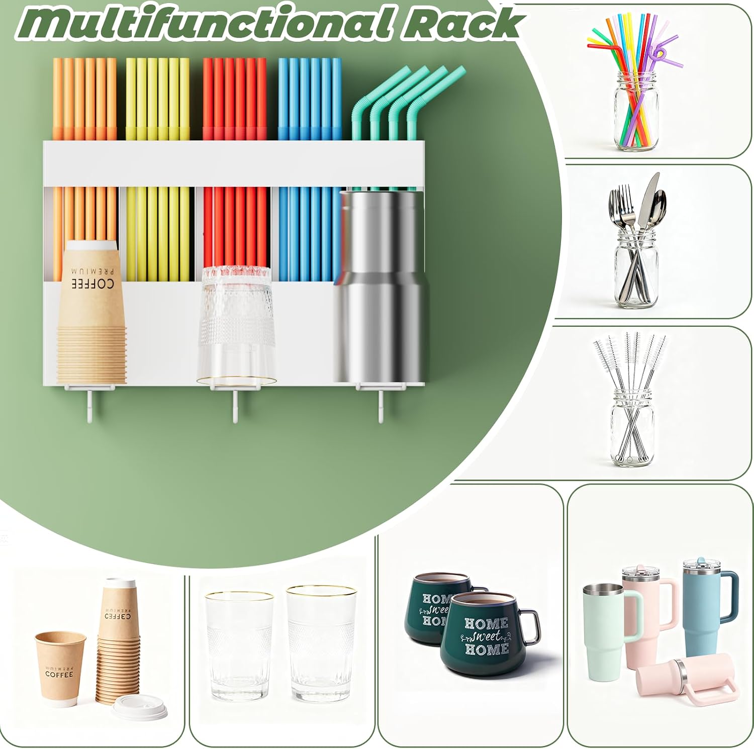Metal Straw Holder for Cabinet Doors, Magnetic Cup and Straw Holder for Fridge, Reusable Straws Organizer with Adhesive Hooks, for Cabine Refrigerators,Kitchen, White image 5