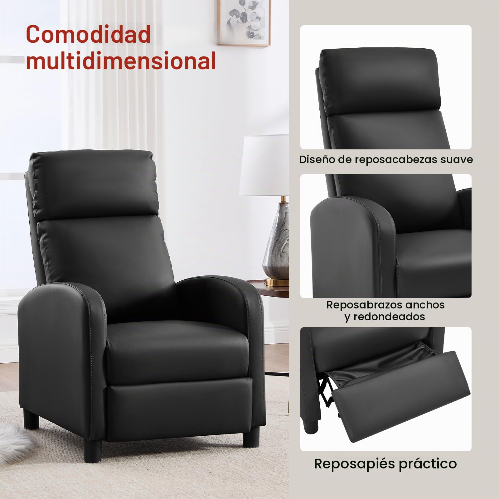WOLTU Sillón Reclinable, Respaldo Reposapiés Elevable, PU, Negro | Sillon Relax Inclinable, Butaca Reclinable, Asiento Acolchado, Sofá Individual de Lectura, Salón y Dormitorio