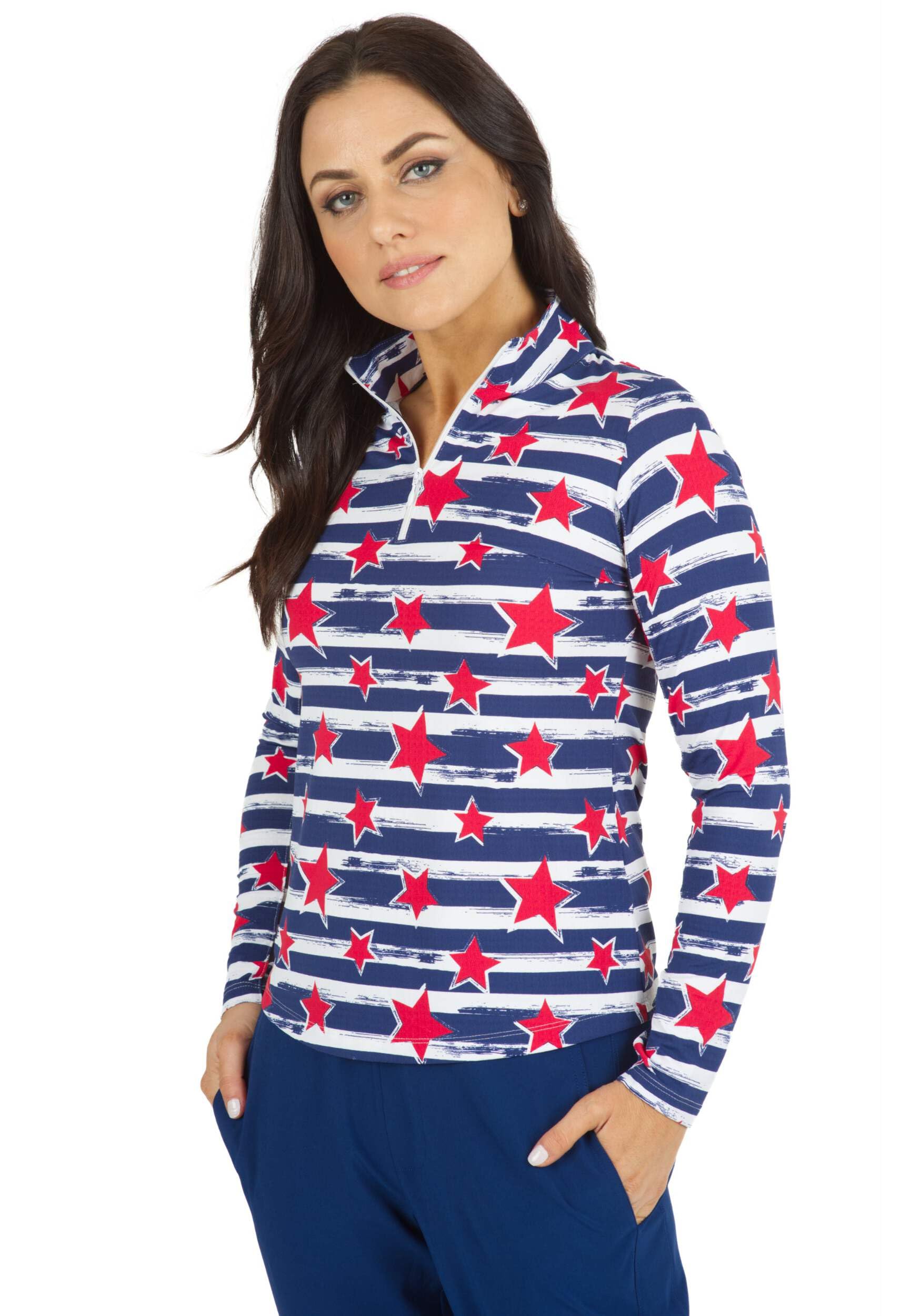 IBKUL Athleisure Wear Sun Protective UPF 50+ Icefil Cooling Tech Americana II Print Long Sleeve Mock Neck Top – 10490 Red/Navy Americana II XS