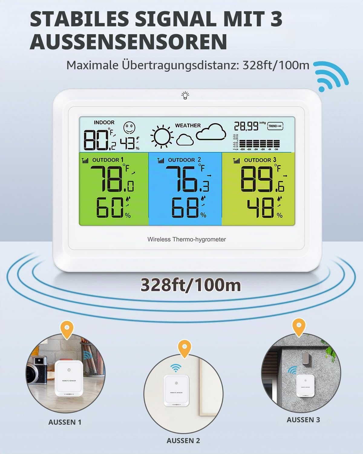 Wetterstation Kabellos Innen Außen mit 3 Sensoren, Home Wetterstationen Digital Thermometer Luftfeuchtigkeit mit Alarm, Barometer Druck, Hintergrundbeleuchtung, Vorhersagestation, für Home