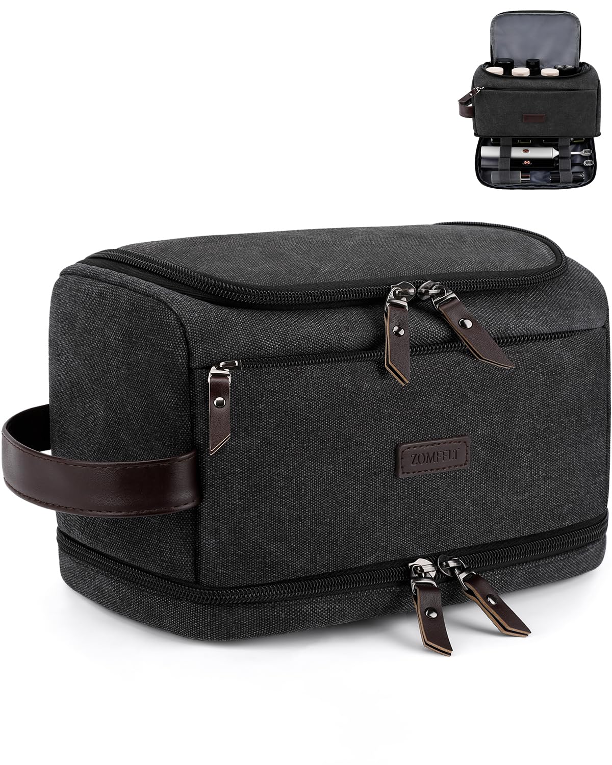 ZOMFELT Toiletry Bag for Men Dual Layers Canvas Travel Toiletries Bag Water-Resistant Travel Organizer with Elastic Large Capacity