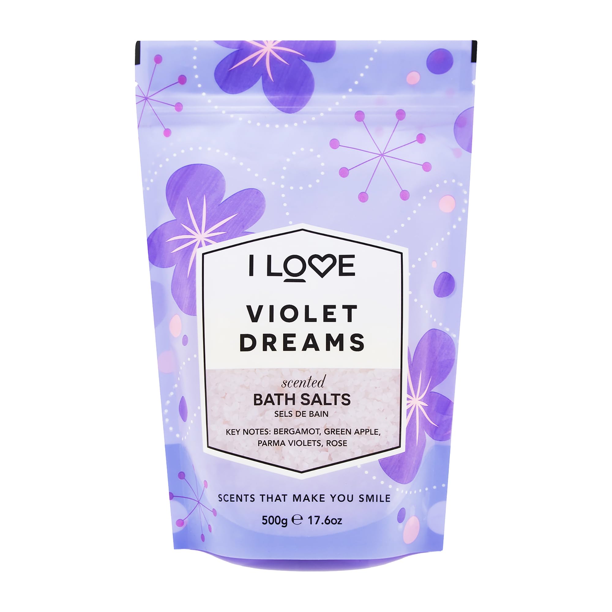 I Love Signature Violet Dreams Scented Bath Salts, with 99% Naturally Derived Ingredients, Lightly Fragranced Leaving Skin Feeling Silky & Smooth, Vegan-Friendly - 500g