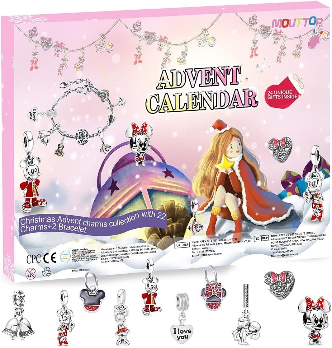 Mouttop Christmas Advent Calendar,24 Day Advent Calendar with Charm Beads for Christmas with Christmas Fashion Jewellery