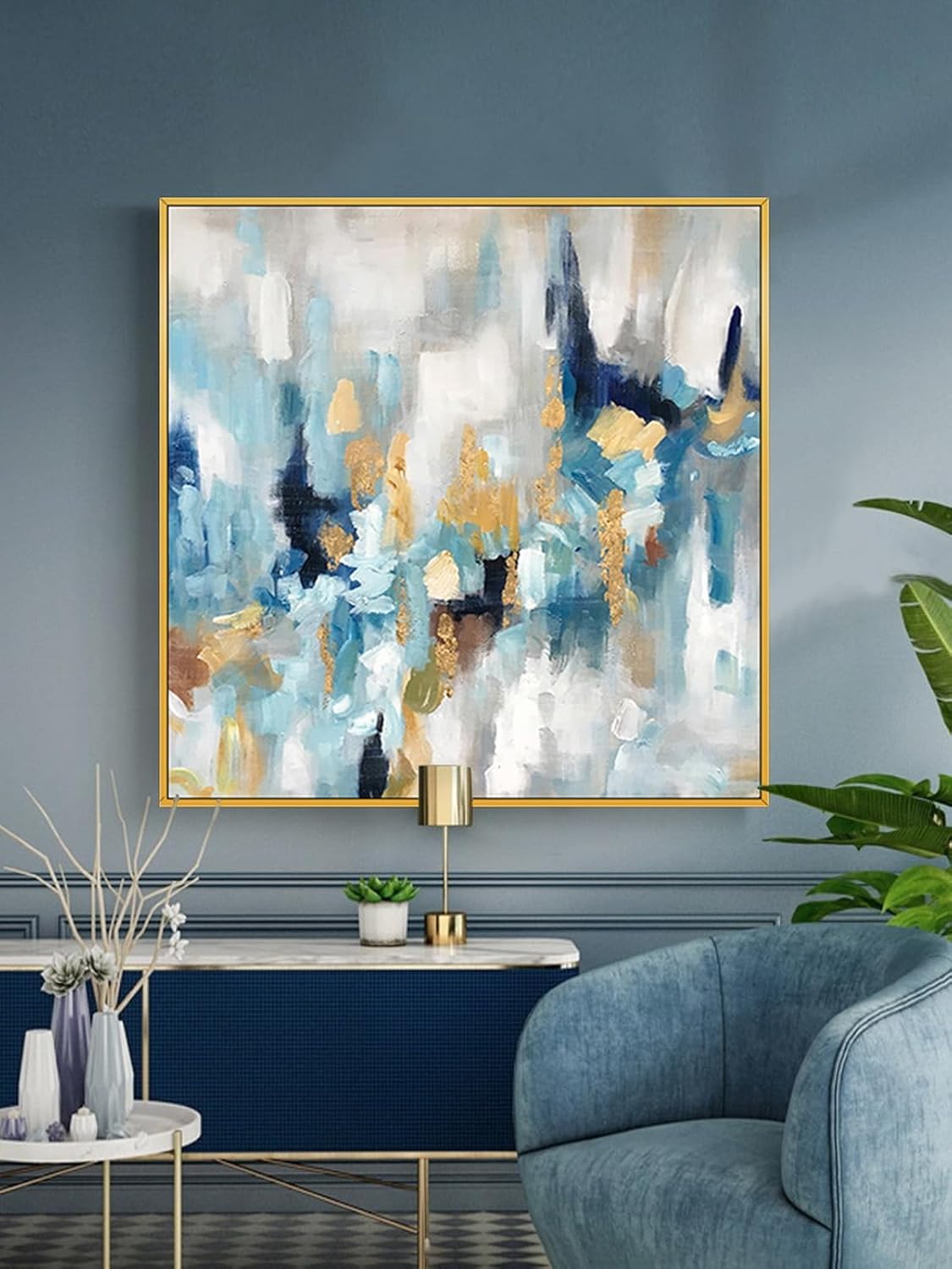 Blue and Gold Abstract Wall Art for Office. Large Hand-Painted Oil Painting for Living Room. Framed Blue Wall Painting Contemporary for Bedroom Home Decoration Ready to Hand 40x40inches Blue Abstract 40L" x 40W"