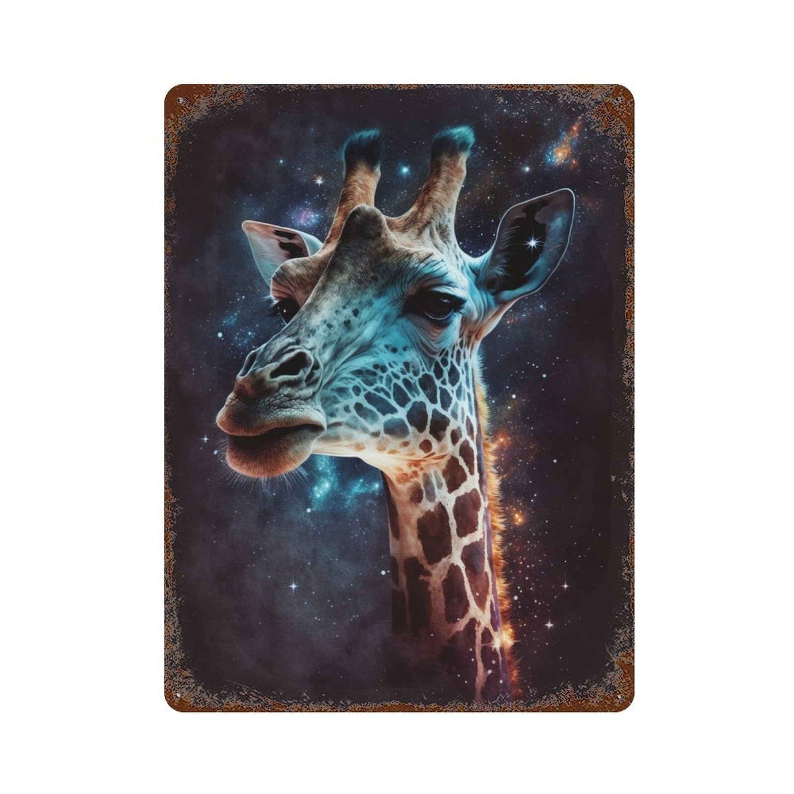 Giraffe in Space-17 Rust Effect Tin Sign 15.7"x11.8", Rustic Home Decor for Garage, Pub Or Kitchen