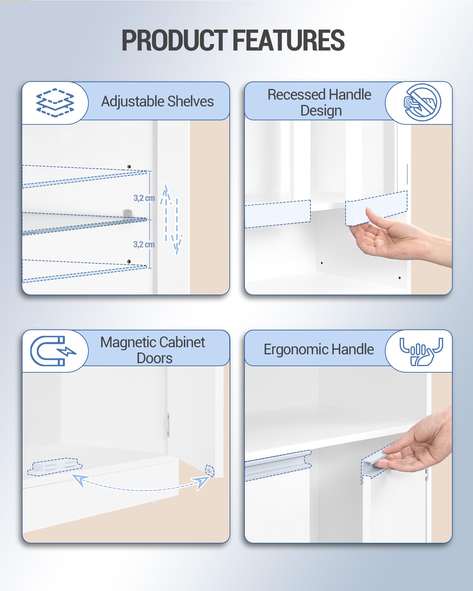 Hzuaneri Mobile Bagno con Luci LED, Mobiletto Bagno Salvaspazio, 4 Ante e 2 Vani Aperti, Ripiani Regolabili, Moderno, per Soggiorno e Ambiente, 28 x 60 x 170 cm, Bianco SC40003XEU