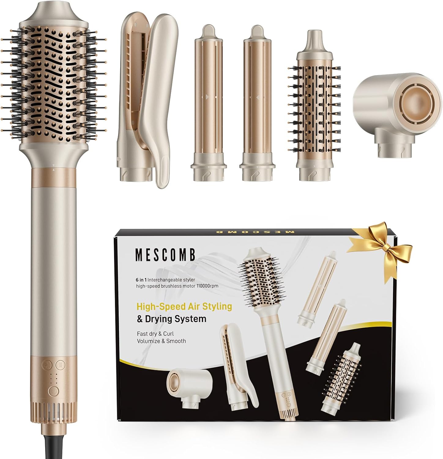 MESCOMB 6-in-1 Hot Air Styler – Hair Dryer with Straightener, Auto Curler & Volumizing Brush for Straightening, Curling, Smoothing & Volume, Damage-Free (Champagne Coffee)