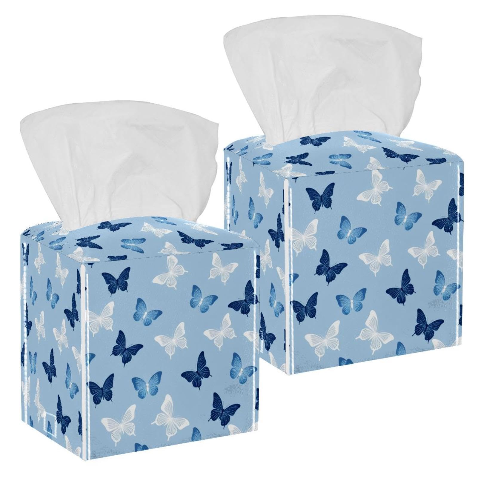 Butterfly Tissue Box Cover, 2 Pack PU Leather Square Facial Tissue Dispenser Box holder for Home Office Car