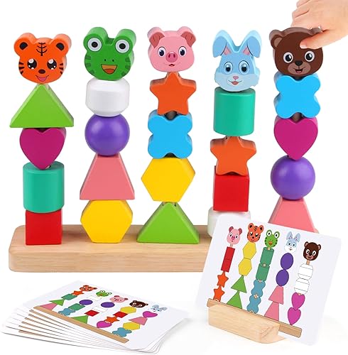 Montessori Toys - Juego de secuenciación de cuentas, bloques apilables de madera y formas a juego, juguete apilable de colores para niños de 2, 3,