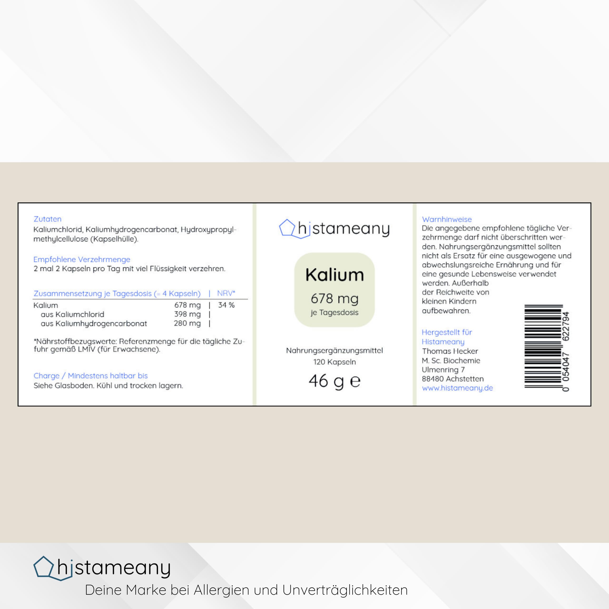 Kalium ohne Zusatzstoffe, 678 mg, 120 Kapseln (46 g)