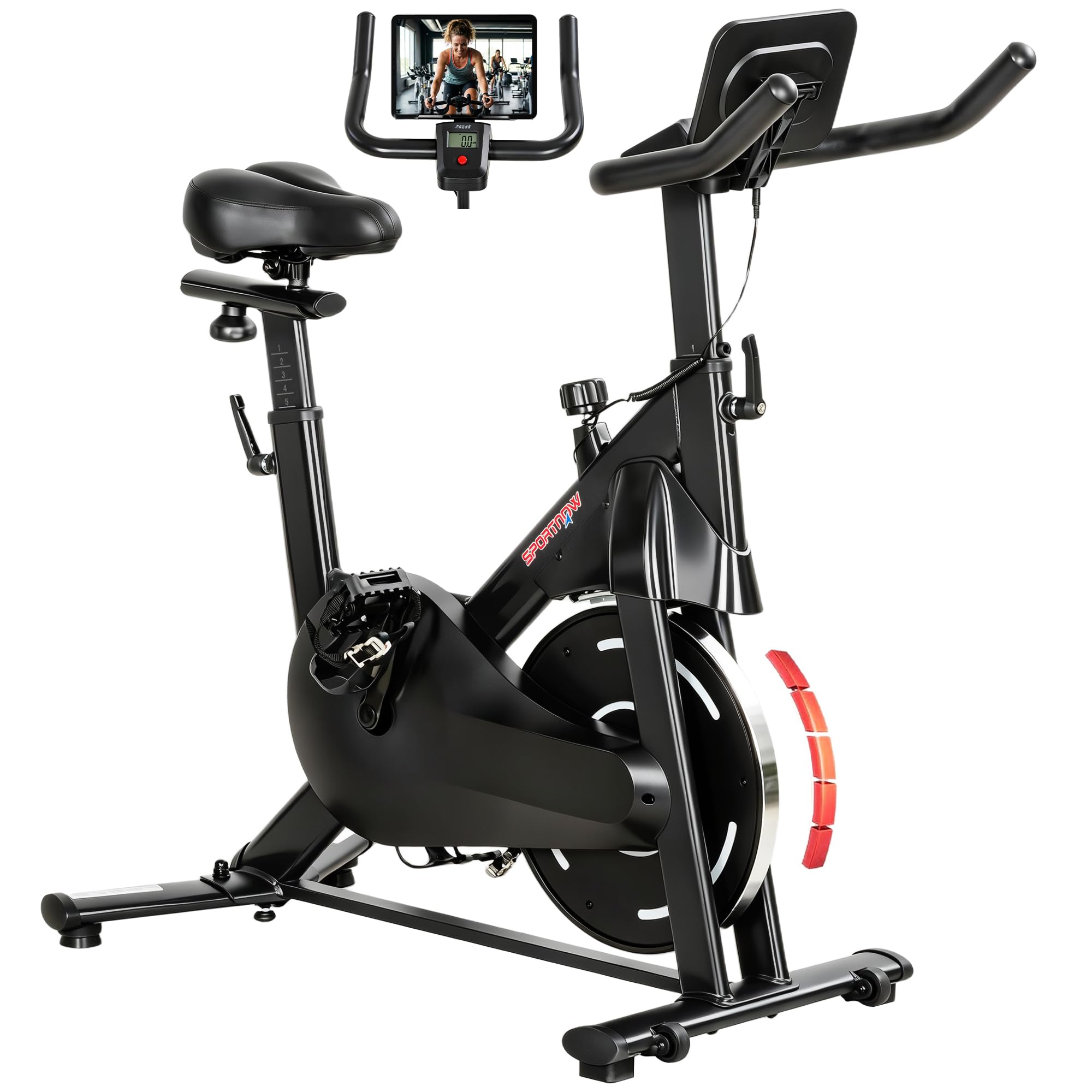SPORTNOW Bicicleta Estática en Casa con Resistencia Magnética Regulable | Silenciosa, Pantalla LCD, Volante, Asiento y Manillar Ajustables, Ruedas, Soporte para Tablet, Carga 120 kg