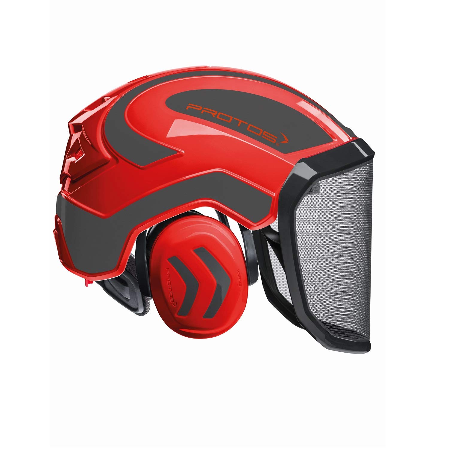 Protos Casque de sécurité intégral avec protection auditive forestière - Couleur : rouge/noir - Équipement : visière fine