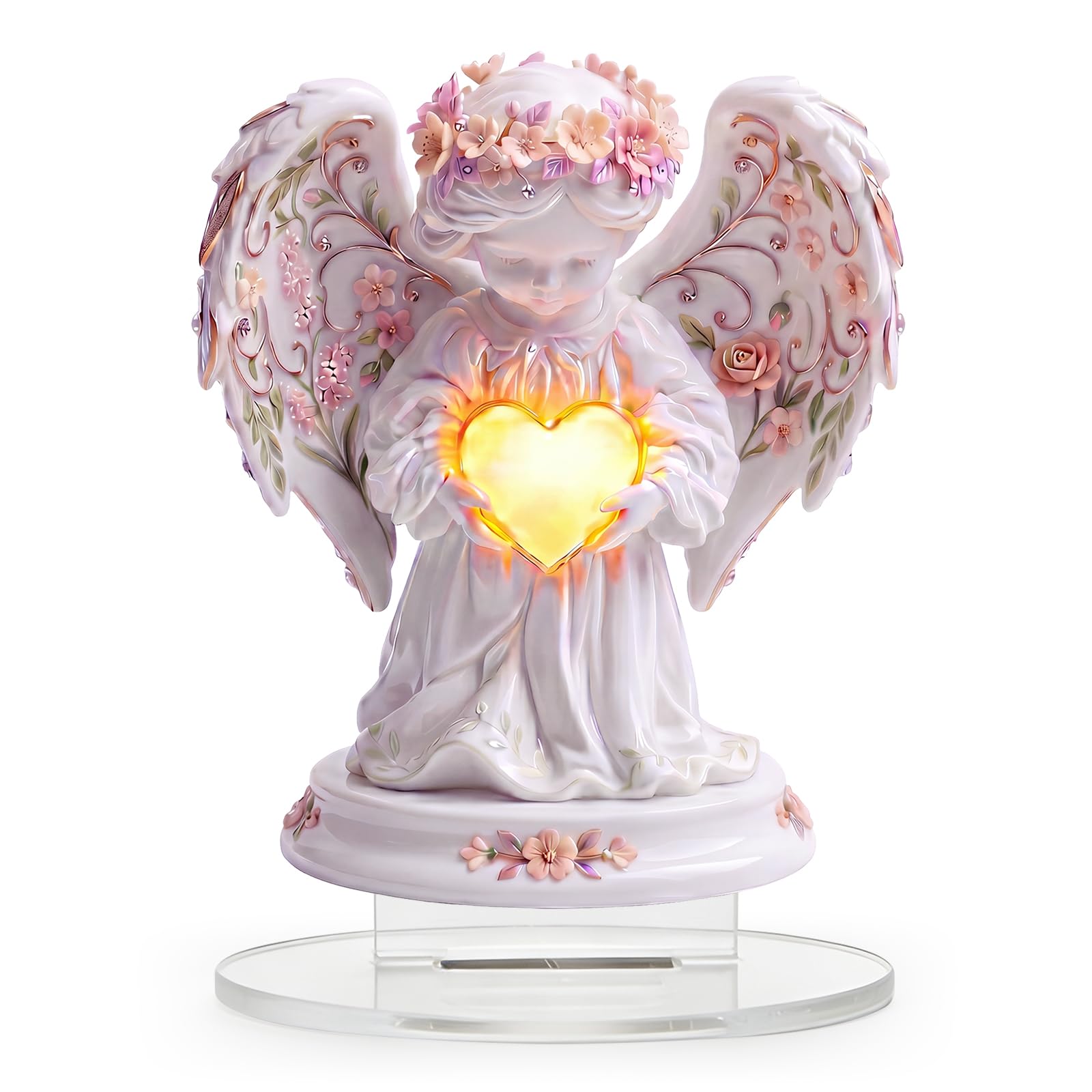 Orsefeliy 2D Heart Angel Ornaments, Sacred Garden Outdoor Angel Figurine with Floral Wreaths, Waterproof Grave Ornament with Base, Memorial Garden Ornaments Gifts for Mom and Grandma