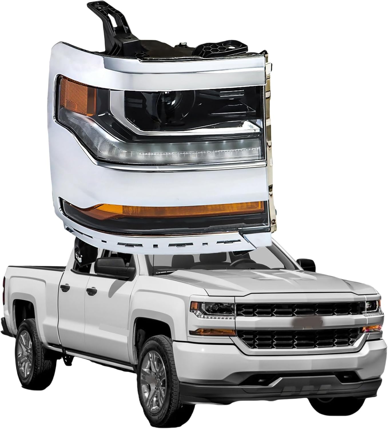 labwork Headlight Assembly, Compatible Replacement for 2016-2019 Chevy Silverado 1500 [HID/Xenon Model] DRL Projector Headlamp for Passenger Side Chrome Housing Chrome Passenger Side