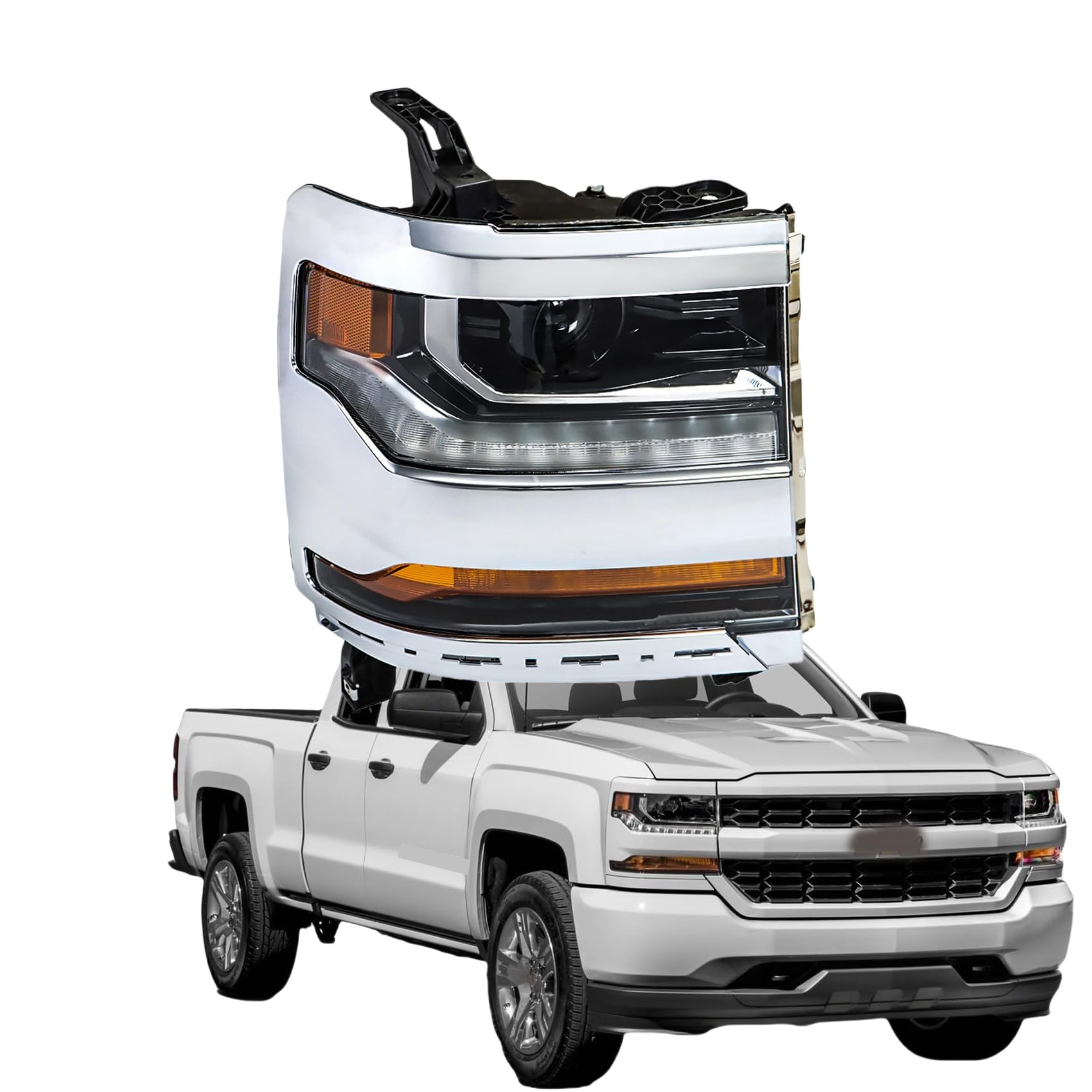 Photo 1 of labwork 1PC Headlight Assembly Chrome Housing Replacement for Silverado 1500 2016-2018 HID with DRL Passenger Side RH 84356947 GM2503445