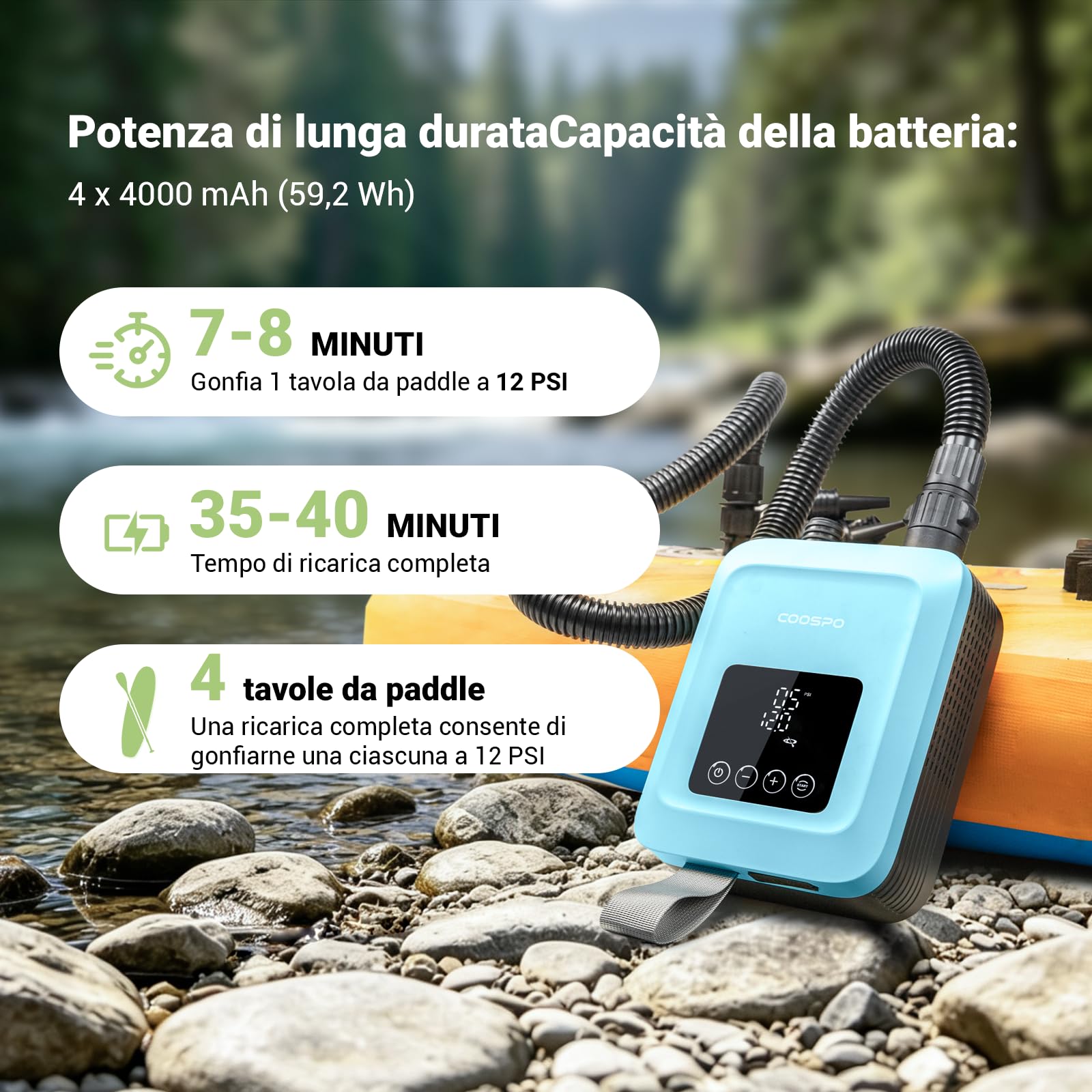 CooSpo Pompa elettrica verticale per SUP, gonfiaggio ad alta pressione a 20 psi, dotata di batteria ricaricabile da 59,2/44,4 Wh, silenziosa, adatta a kayak e altri articoli gonfiabili
