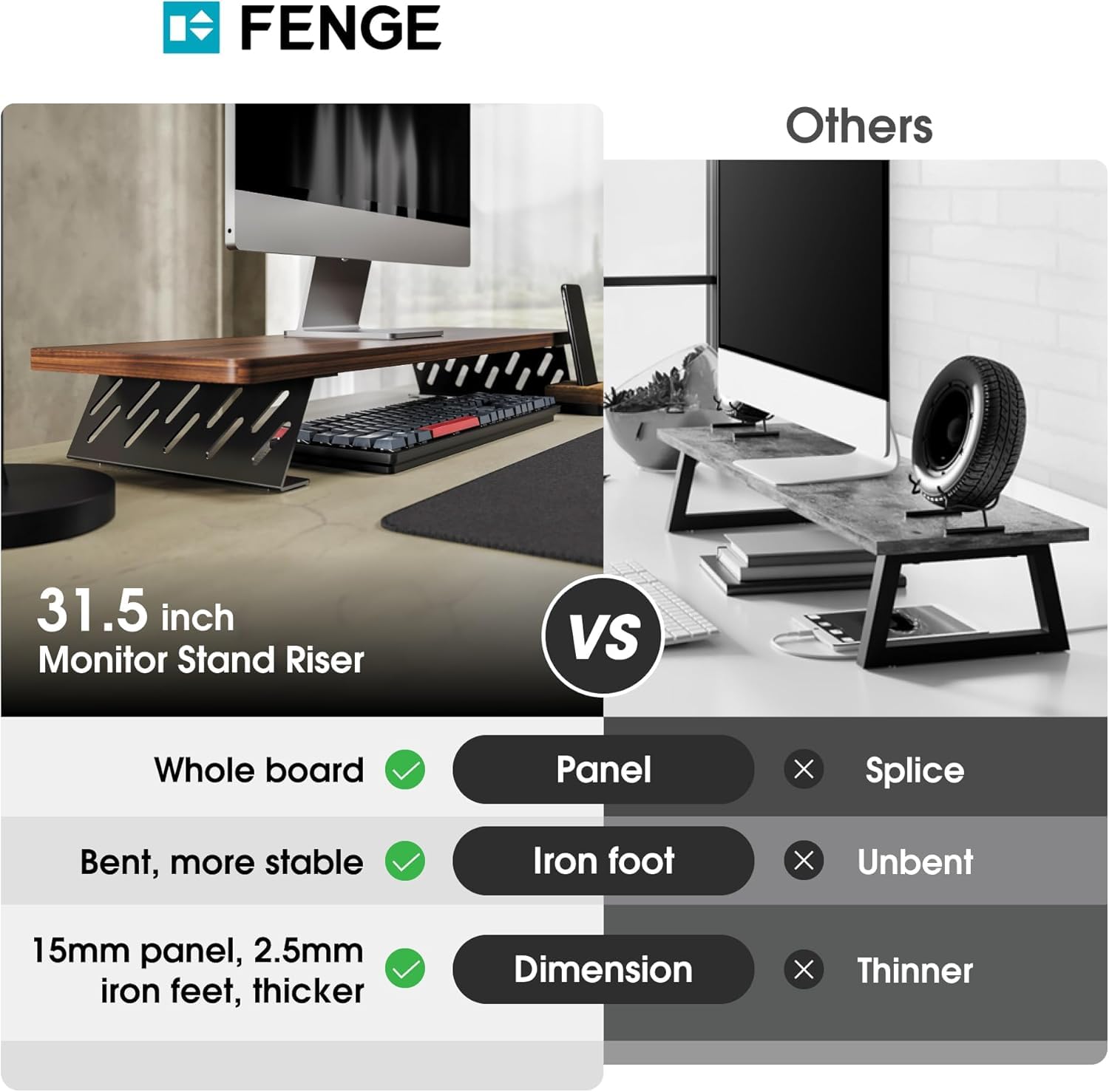 Fenge Soporte de Monitor de Madera con Estructura de Metal, Elevador para Escritorio de Doble Monitor, Soporte para Laptop, Computadora , con Estante de Almacenamiento, L80xW23.5xH10cm, Marrón