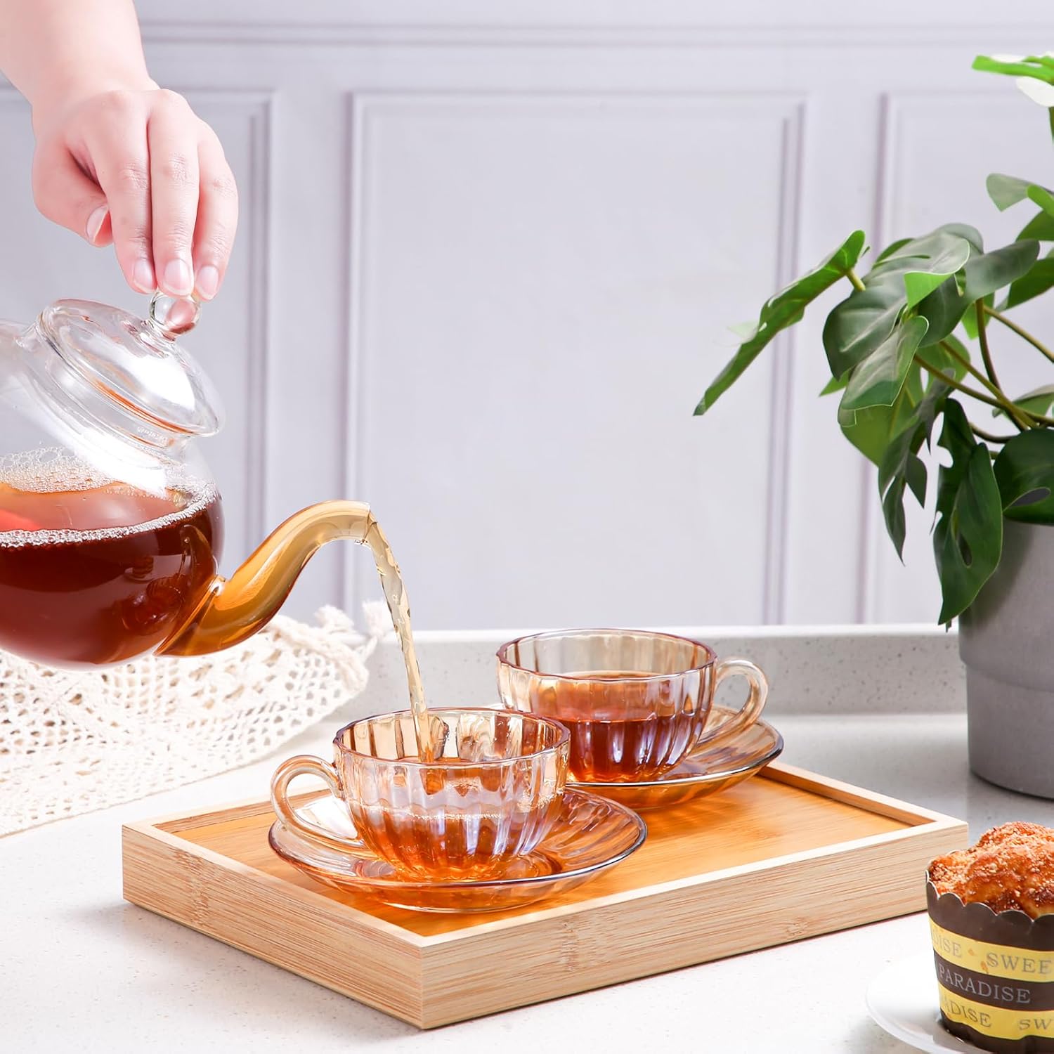 Glass Tea Cups and Saucers Set of 6, Glass Coffee Mugs with Stainless Steel Spoon, Dishwasher & Microwave Safe Teacups for Espresso Cappuccino Latte Tea Juice, 6OZ/180ML, Amber