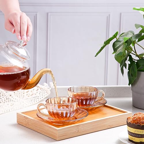 Miniatura 8 de Juego de 6 tazas de té y platillos de vidrio, tazas de café de vidrio con cuchara de acero inoxidable, tazas de té aptas para lavavajillas y