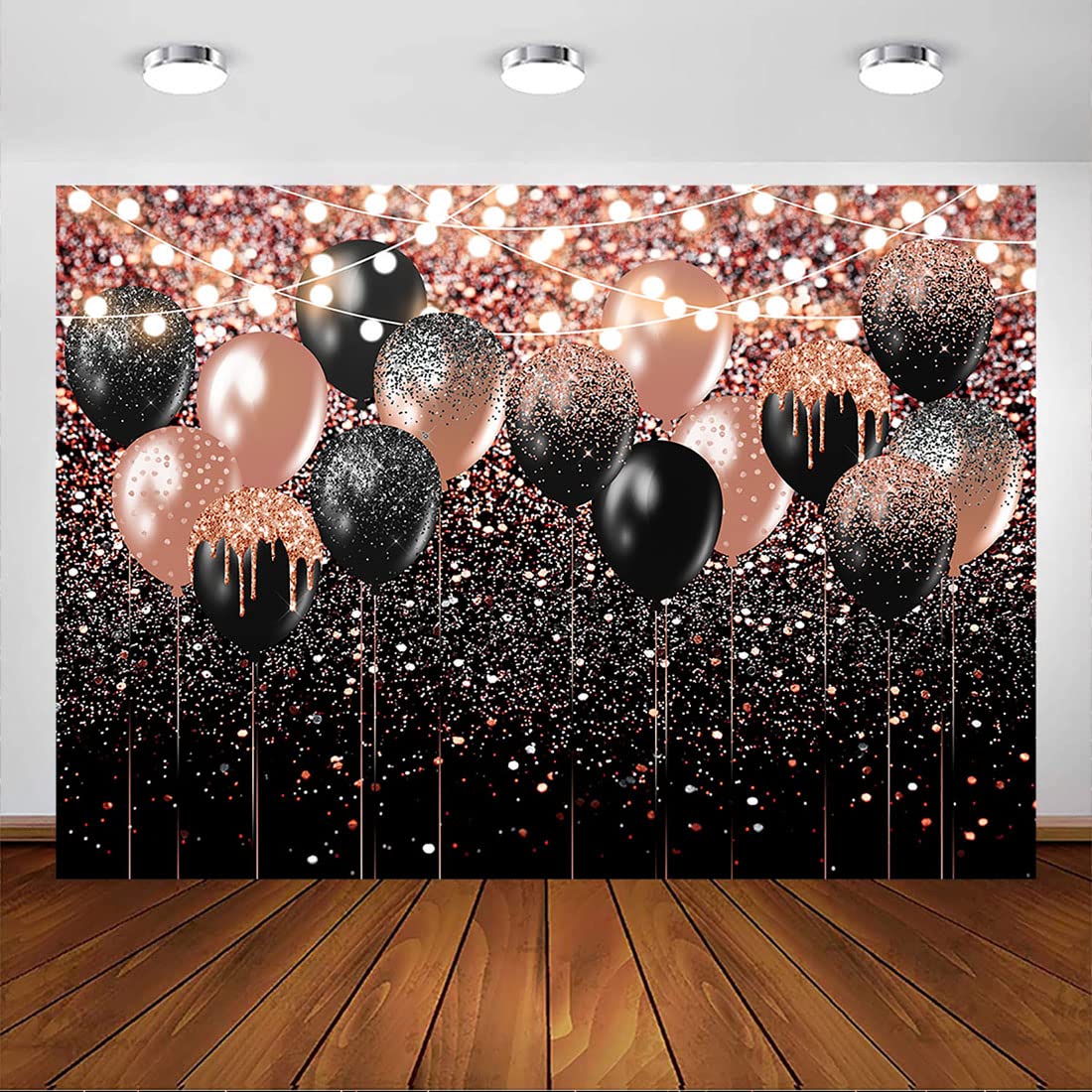 Avezano Niebieskie i srebrne tło urodzinowe, niebieskie, srebrne, bokeh, brokatowe kropki, balon, fotografia, tło dla dorosłych, dekoracje urodzinowe, baner, rekwizyty do budki fotograficznej (różowe złoto, 3 x 2 m)