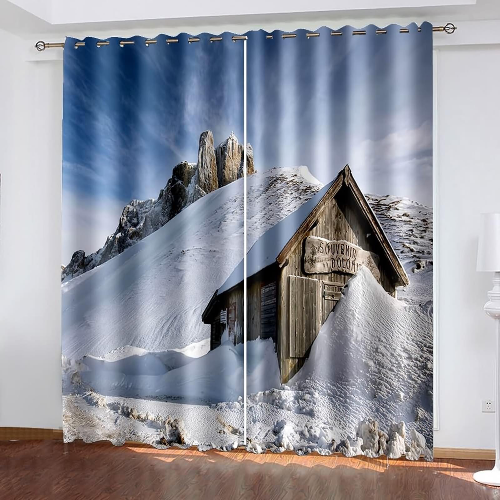 Cortinas vintage de cocina con paisaje de montaña y cabaña para un ambiente rústico