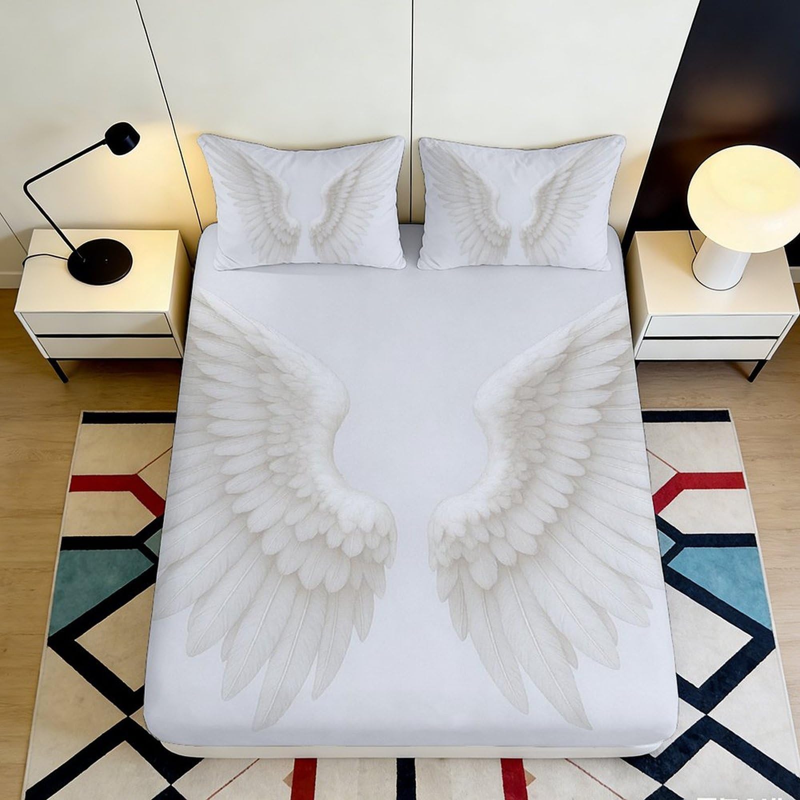 3D Printed Angel Wings Fitted Sheet Microfiber Soft White Feather Mattress Cover Anti-Slip Bedroom Decor for Home Guest Room 180x200x25cm