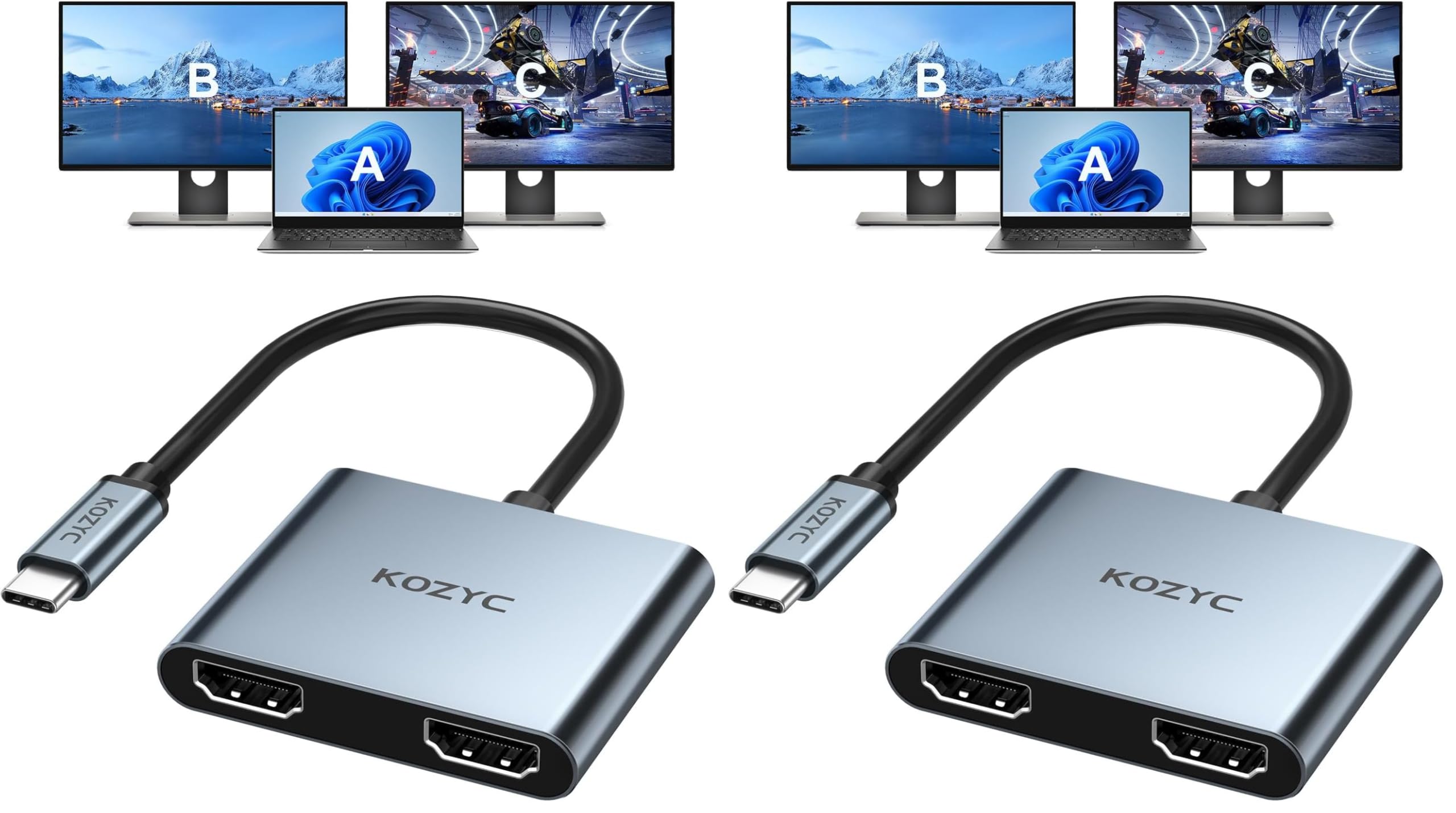 KOZYC USB C to Dual HDMI Adapter 4K@60hz, Type C to HDMI Splitter Extended Display for MacBook/MacBook Pro Air Dell XPS13/15, Samsung Galaxy S9/S9+ [MST Mode (Extended displays) Only for Win OS]