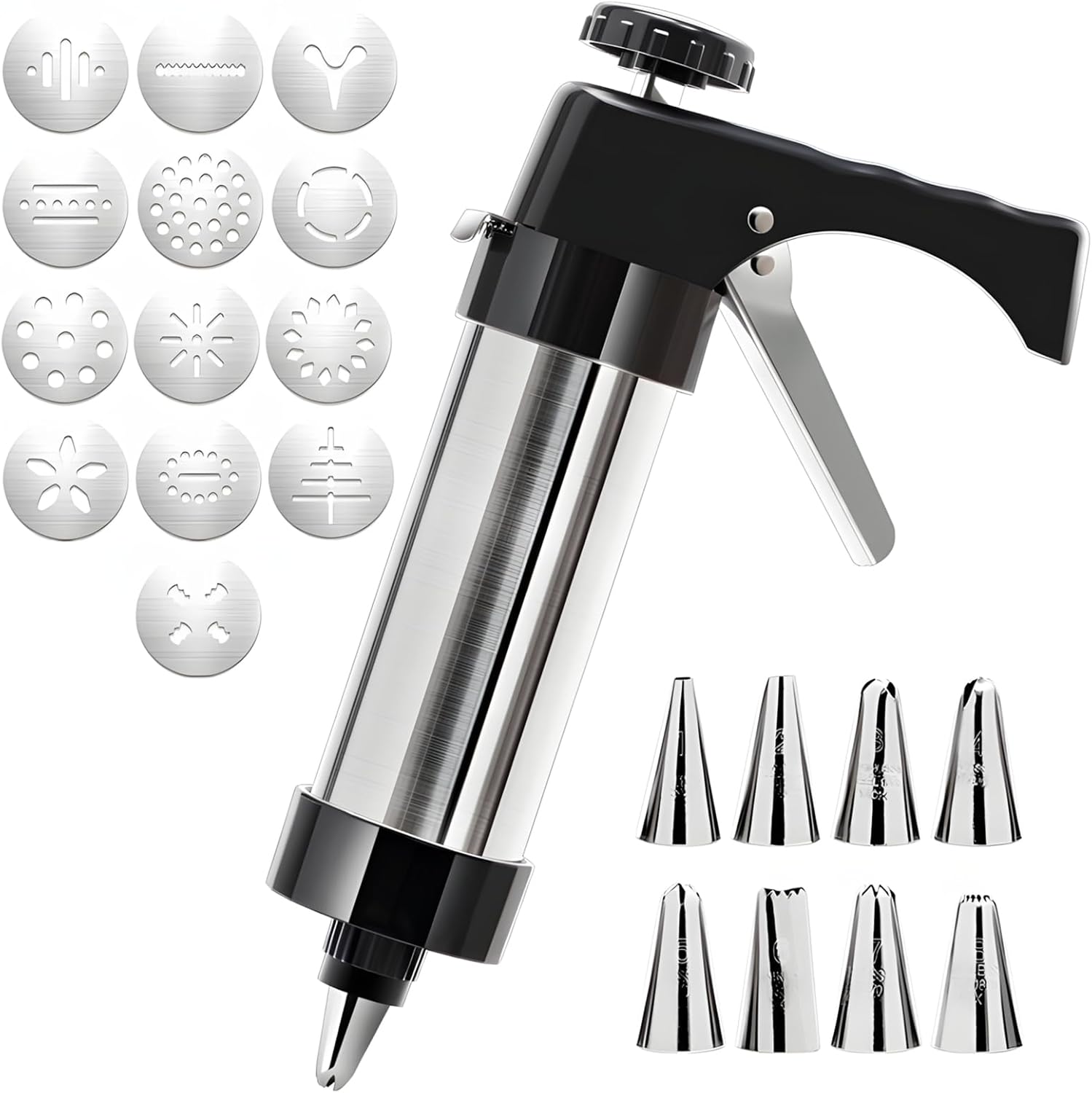 Shape Molds Kit, Stainless Steel Cookie Press With Adjustable Handle, Hand-Powered Machine For Home Baking, Top Diameter 6 Cm, Length 22 Cm