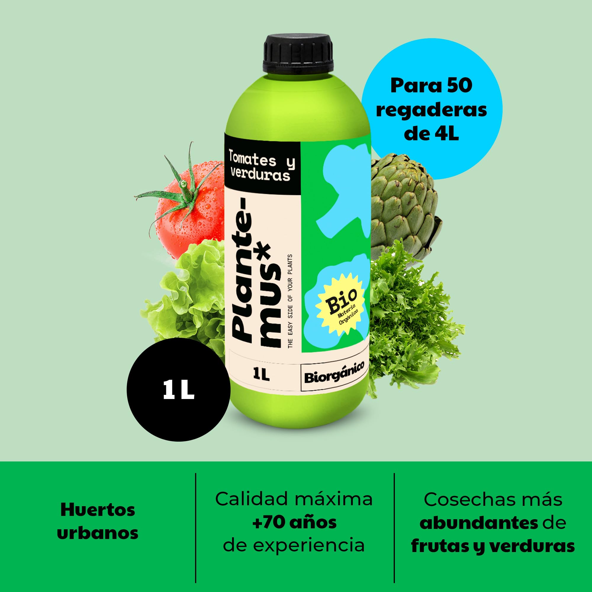 PLANTEMUS Abono Huerto para Tomates, Pimientos, Fresas, Hortalizas, Verduras. Fertilizante Granulado Azul para Cosechas Abundantes (Huerto BiOrganic 1L)