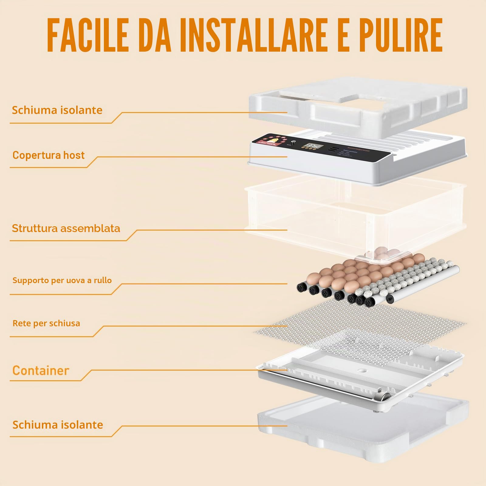 Todeco Incubatrice Automatica 48 Uova, Controllo Temperatura | Rotazione automatica delle uova, aggiunta automatica dell'acqua, portauova regolabile, con ovoscopio LED,doppia alimentazione