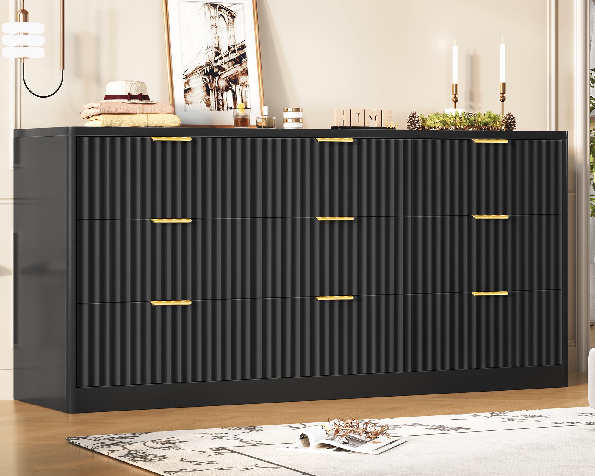 TEENFON Fluted Dresser for Bedroom with 9 Drawers, 63" Wide Modern Chest of Drawers with Metal Handle &amp; Curved Profile Design, Wood Closet Clothes Storage Organizer for Living Room, Hallway, Black