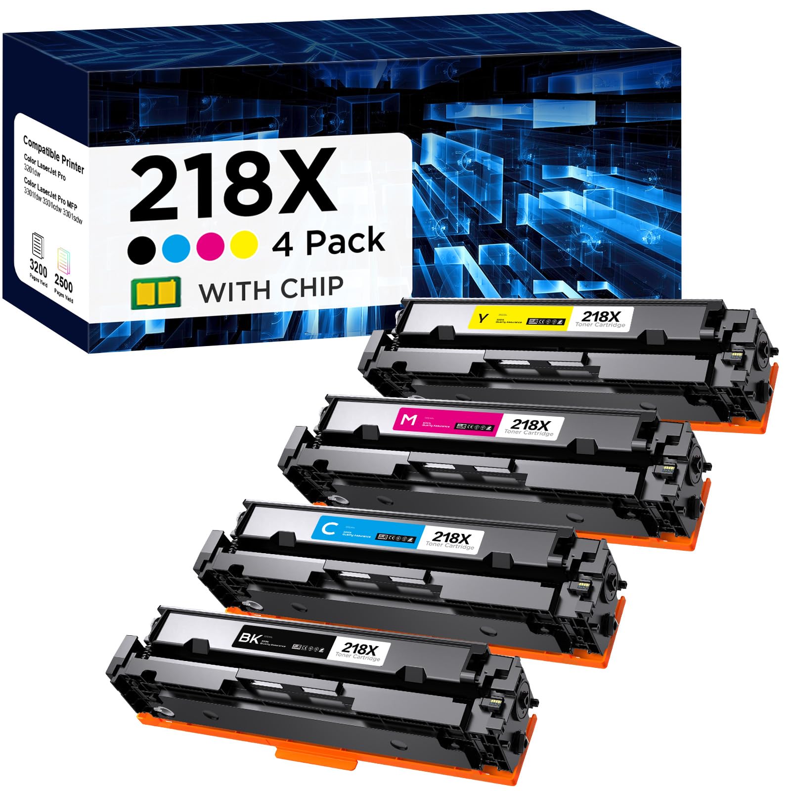 218X Toner Cartridge (with Chip) High Yield Replacement for HP 218X W2180X 218A W2180A Works with HP Color Laserjet Pro 3201DW MFP 3301FDW 3301SDW Printer (4 Pack, Black, Cyan, Yellow, Magenta)