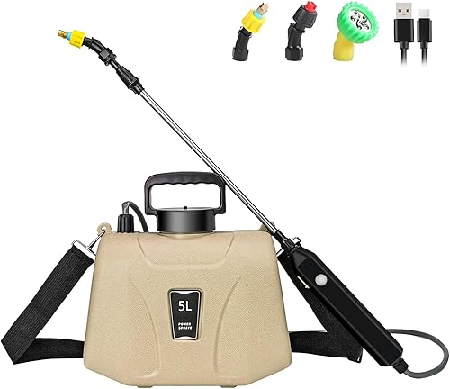 SZHLUX Pulverizador a batería de 1.35 galones, pulverizador eléctrico mejorado con mango USB, varita telescópica, 3 boquillas de niebla y correa de