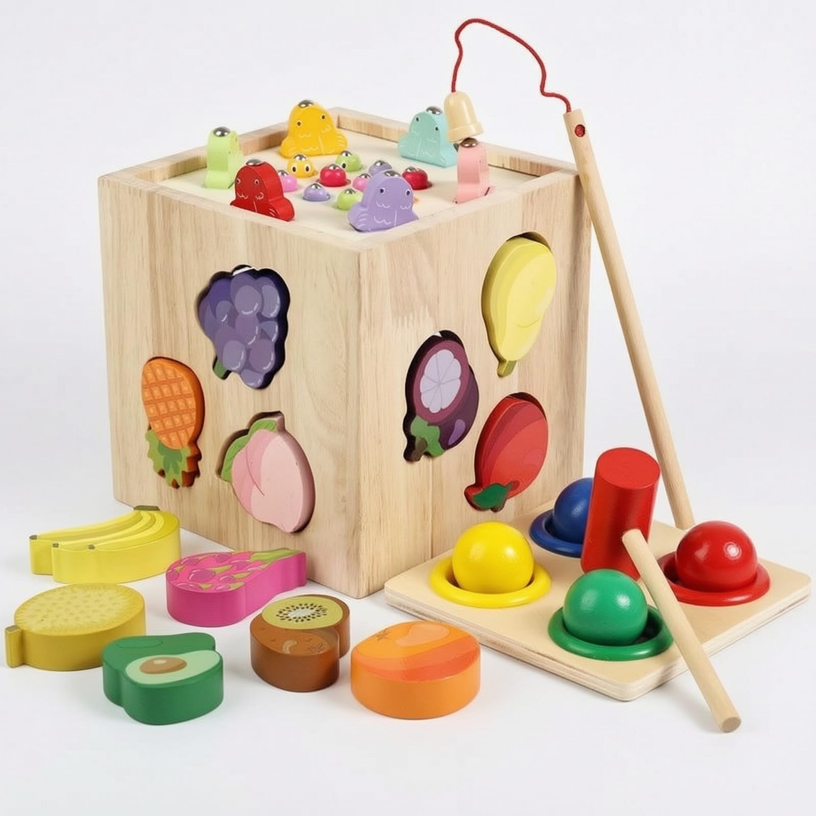 Blocchi Educativi Bambini Cubo attività Legno Cubo Sensoriale Multifunzionale Selezionatore Forme Frutta Martello in Legno Canna Pesca Pioli Superiori