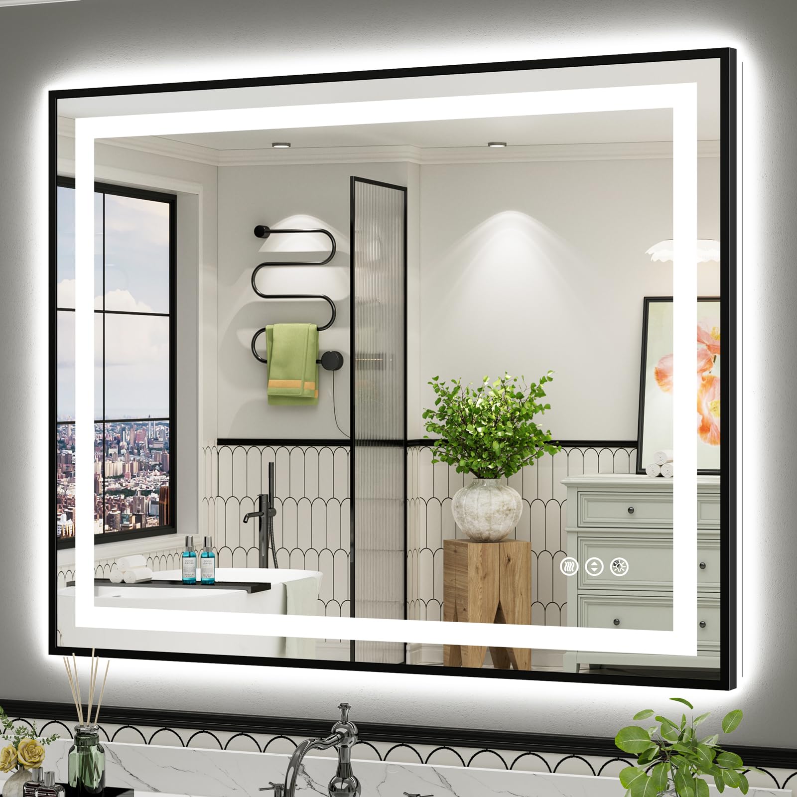 48x40 Inch LED Bathroom Mirror with Black Frame, Backlit &amp; Front Lit