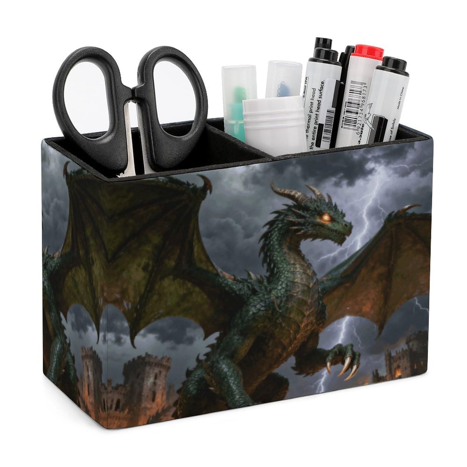 LZQPOEAS Exquisite Patterns PU Leather Pen Holder, Multifunctional Desktop Organizer Caddy with 2 Compartments, Dragon Pencil Cup Makeup Brush Holder for Office Home
