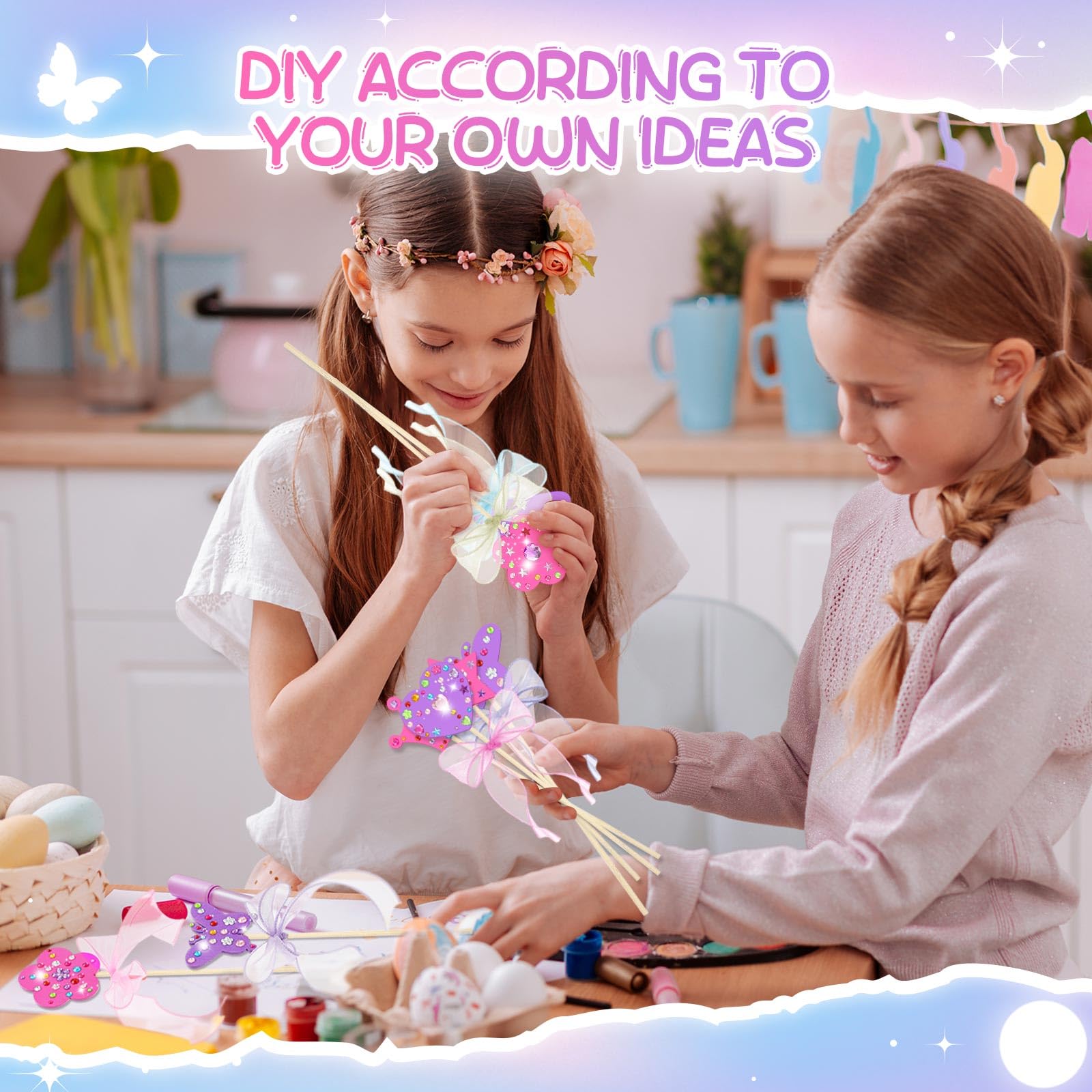 Juexica Il kit da 72 bacchette da principessa include 6 stili di accessori da principessa in legno non finiti, adesivi con gemme, nastri, per creare le tue bacchette per feste di compleanno per