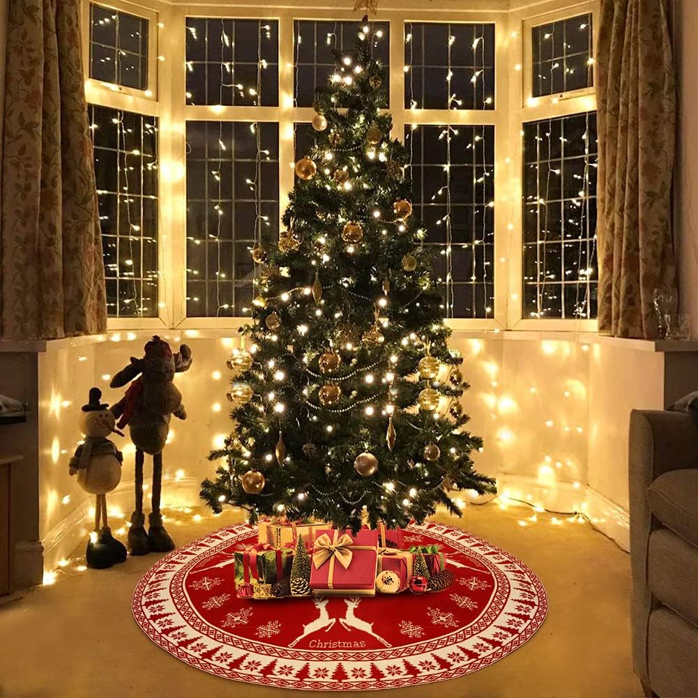 AerWo Christmas Tree Skirt, 48 Inch Large Rustic Christmas Tree Skirt with Snowflake and Reindeer, Red Knit Xmas Tree Skirt Christmas Decorations, for Indoor Holiday Party Christmas Tree Decoration