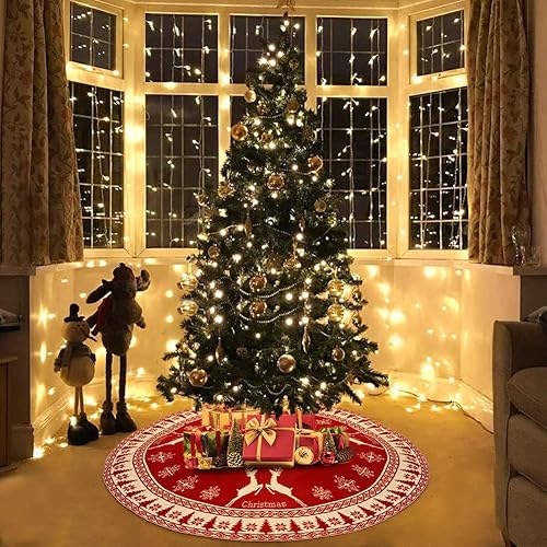Miniatura 5 de AerWo Falda de árbol de Navidad, falda de árbol de Navidad rústica grande de 48 pulgadas con copo de nieve y renos, falda de árbol de Navidad de