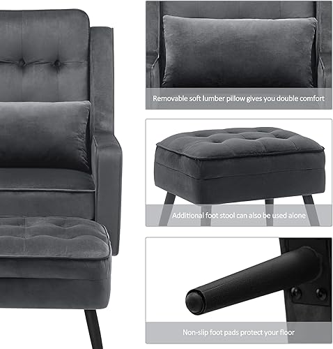 Miniatura 9 de MCombo Silla decorativa de terciopelo con otomana, sillón moderno para espacios pequeños, sala de estar, recepción de oficina, tela 4278 (gris