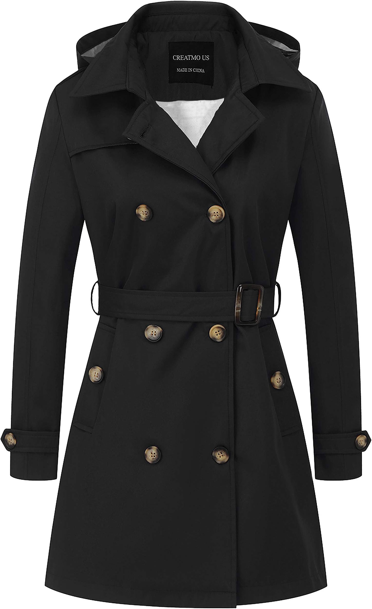 CREATMO US Women's Trench Coat Double-Breasted Classic Lapel Overcoat Belted Slim Outerwear Coat with Detachable Hood