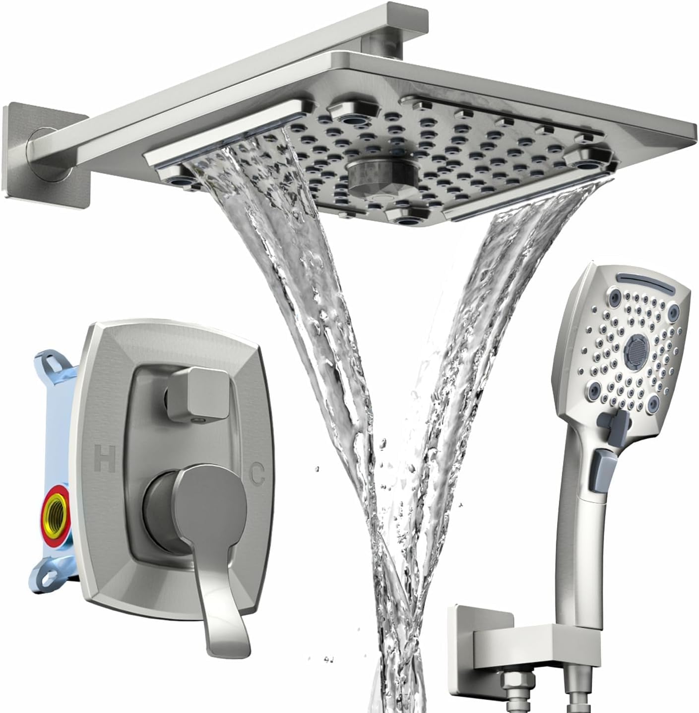 Shower Faucet Set, Rainfall Shower Head with Handheld Brushed Nickel